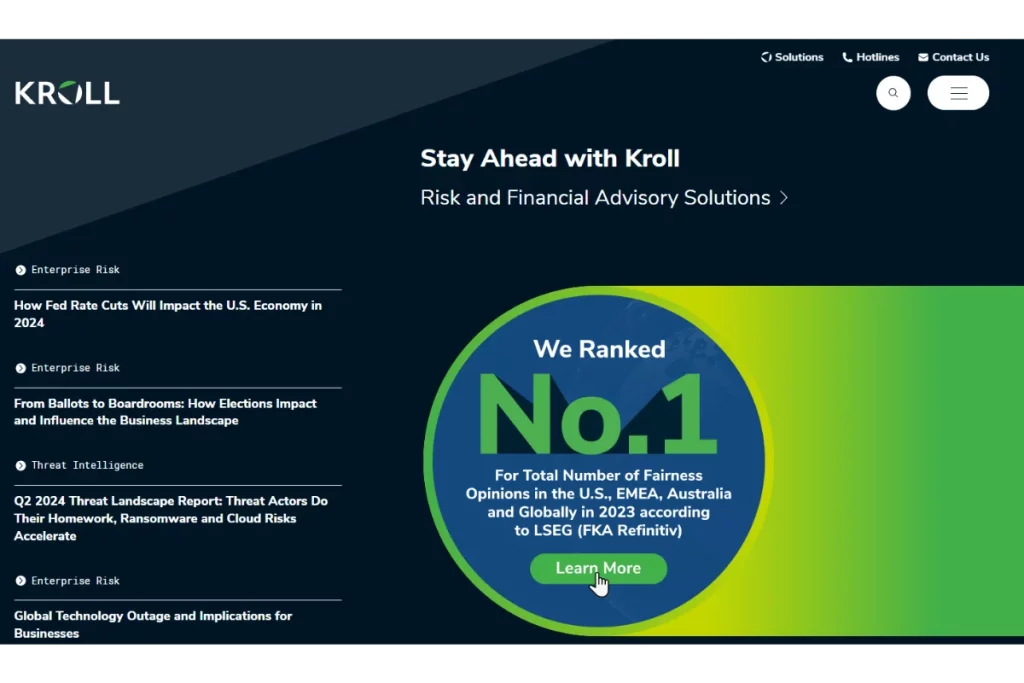 Screenshot of Kroll's website highlighting their No.1 ranking in fairness opinions for 2023.