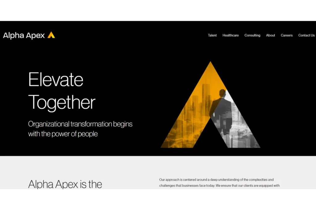 Corporate website homepage for "Alpha Apex" with slogan "Elevate Together" and cityscape graphics.