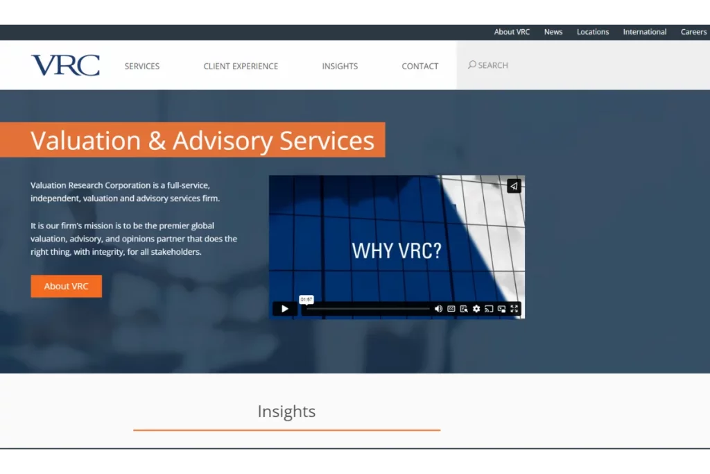 Screenshot of VRC's website highlighting Valuation & Advisory Services with a video player showing "WHY VRC?".