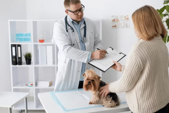 A veterinarian discusses a document with a pet owner while a small dog sits on the examination table in a well-lit office.