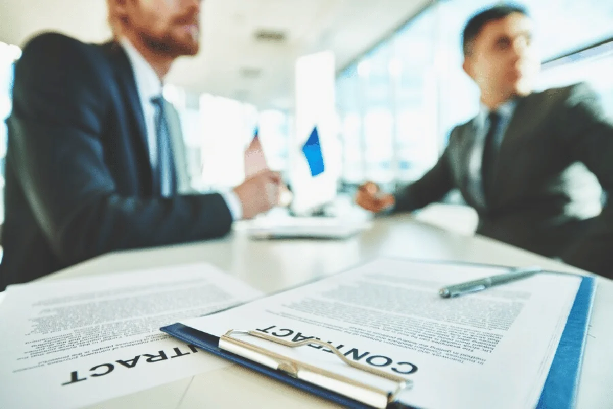 Two businessmen discussing over a contract document in a modern office.