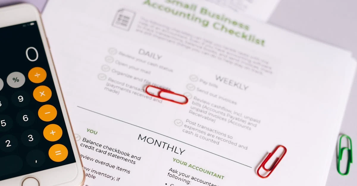 Calculator and printed sell dental practice checklist with colorful paper clips on desk for practice valuation.
