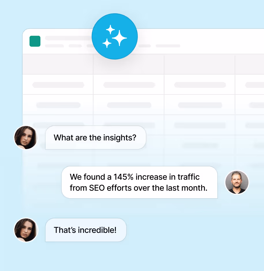 Chat conversation showing 145% traffic increase from SEO efforts