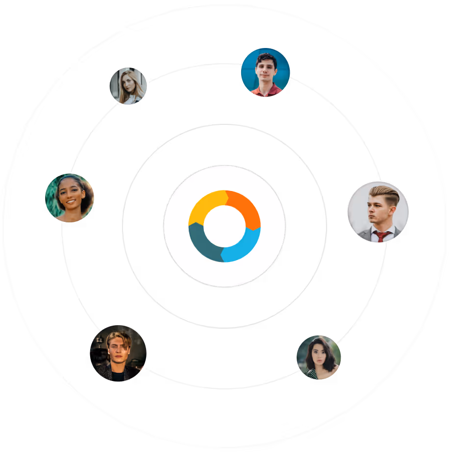 Circular network diagram with diverse people connected around colorful hub