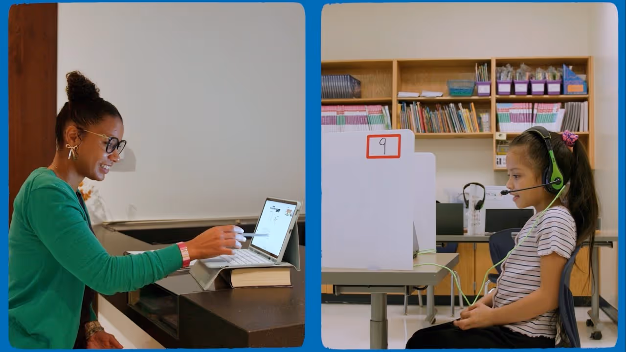 An ALP tutor teaches from her laptop while a student with a headset learns at a school desk