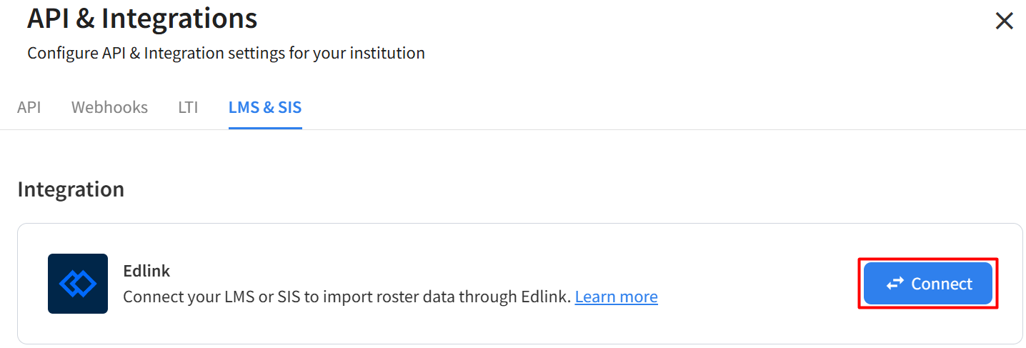 Pencil Spaces settings, LMS and SIS tab, showing Edlink with a Connect button