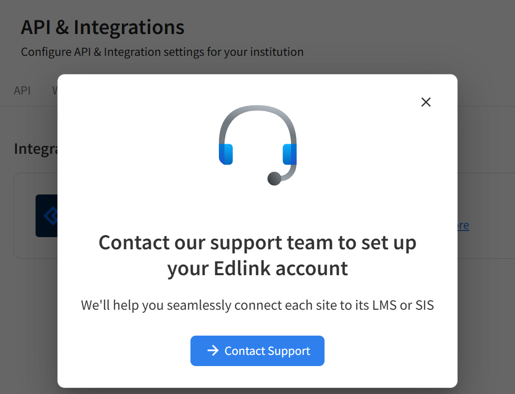 Pencil Spaces dialog inviting the admin to contact support to set up Edlink for each site