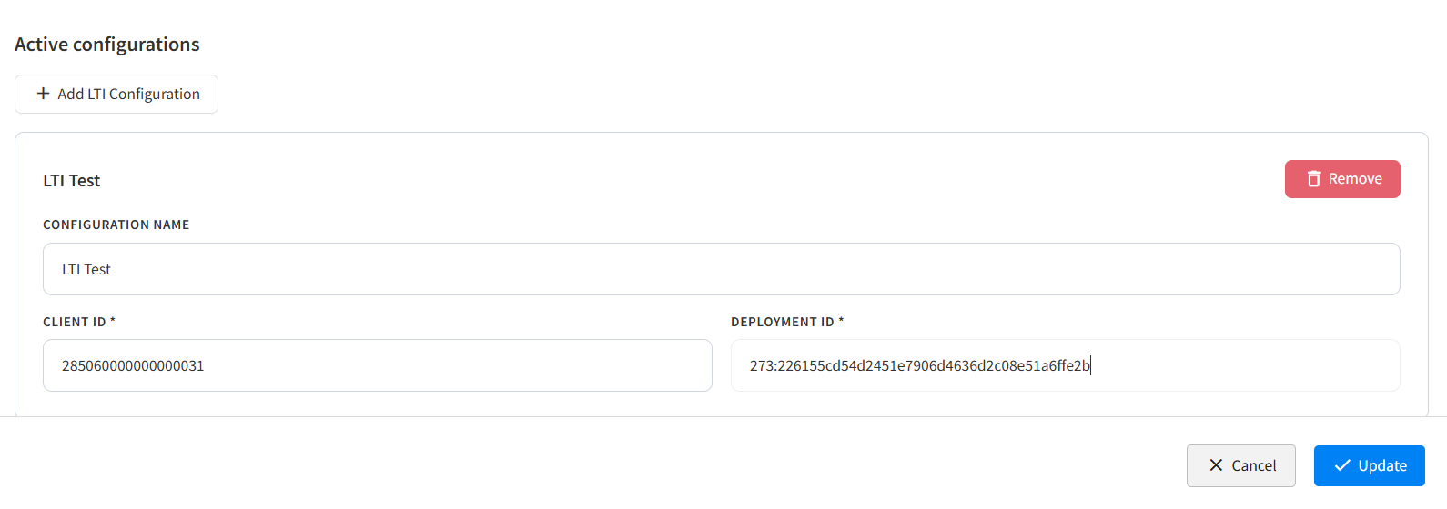 Pencil Spaces LTI settings with Configuration name, Client ID and Deployment ID fields