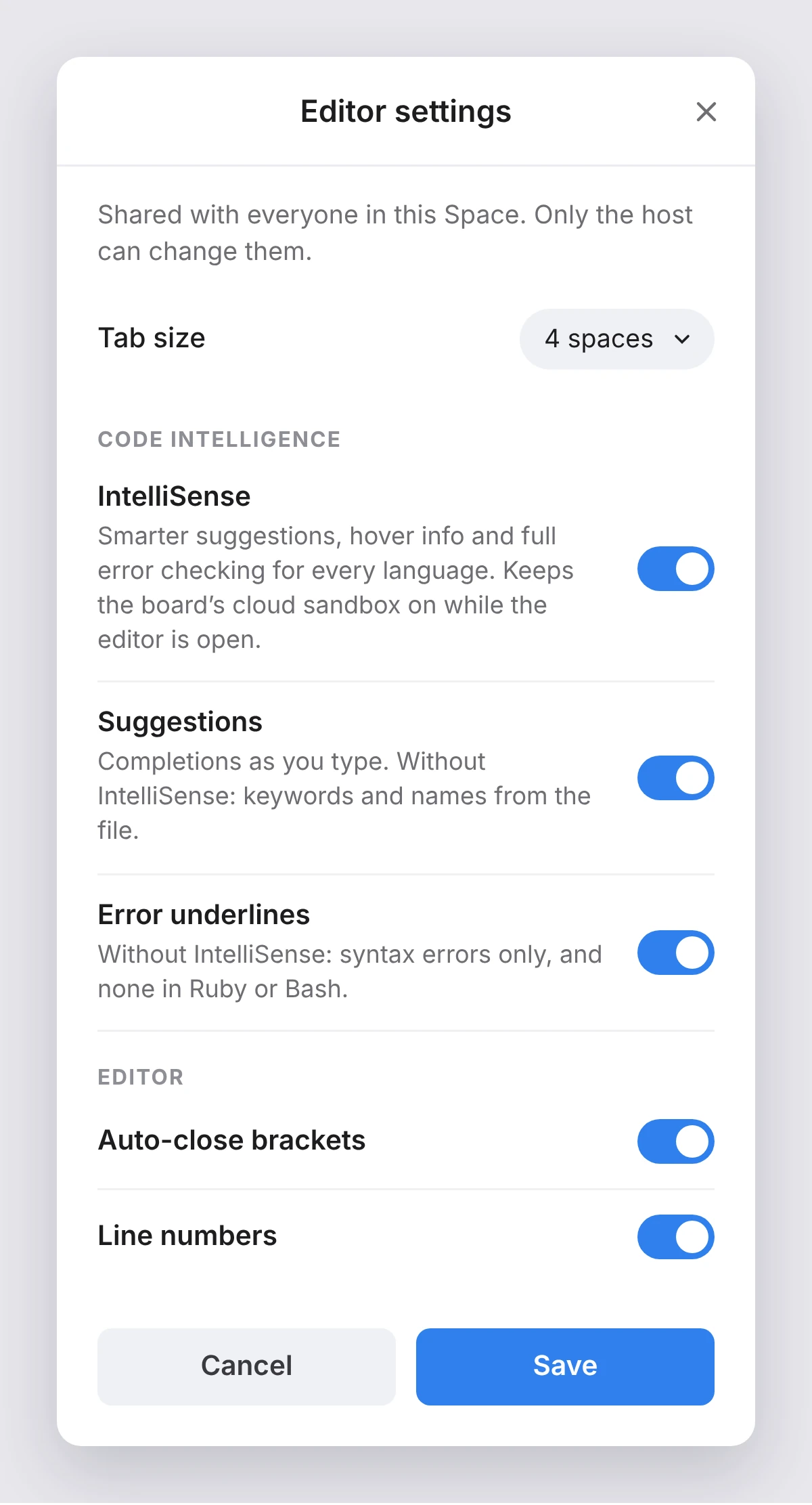 The Editor settings panel with switches for IntelliSense, suggestions, error underlines, auto-close brackets and line numbers