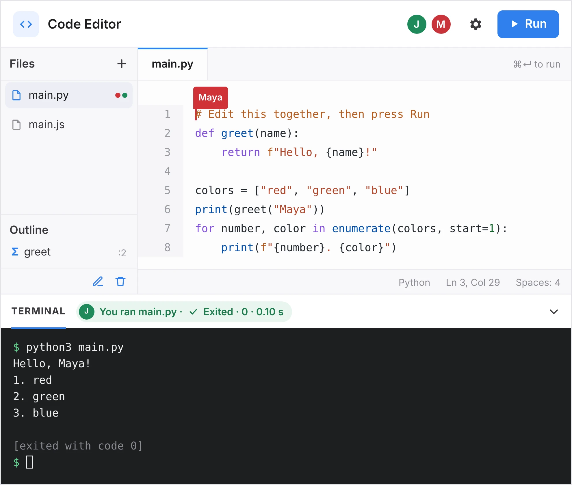 The Code Editor in a Space: a Python file with a second person’s named cursor, and the shared terminal showing the output after Run
