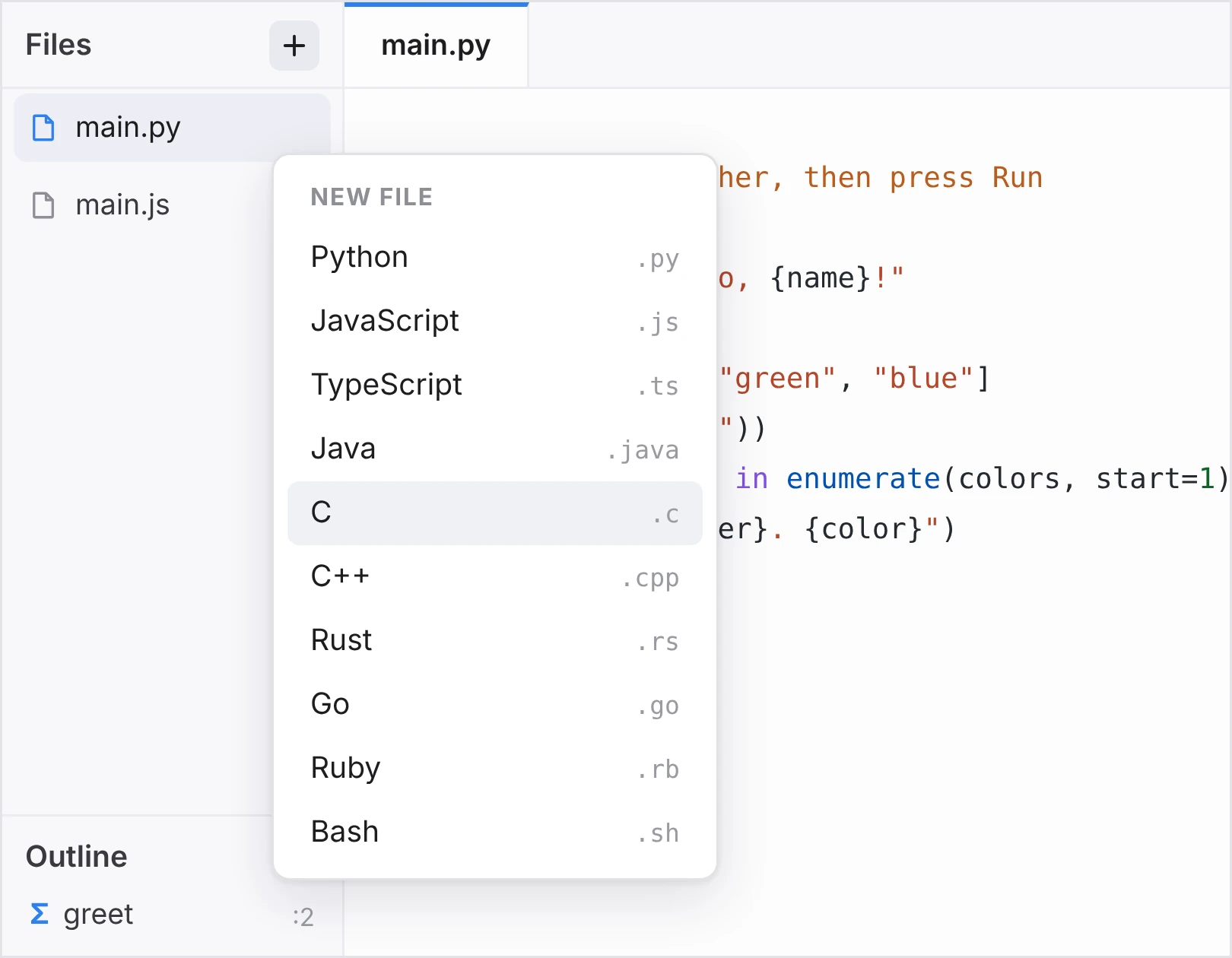 The New file menu in the Code Editor listing Python, JavaScript, TypeScript, Java, C, C++, Rust, Go, Ruby and Bash