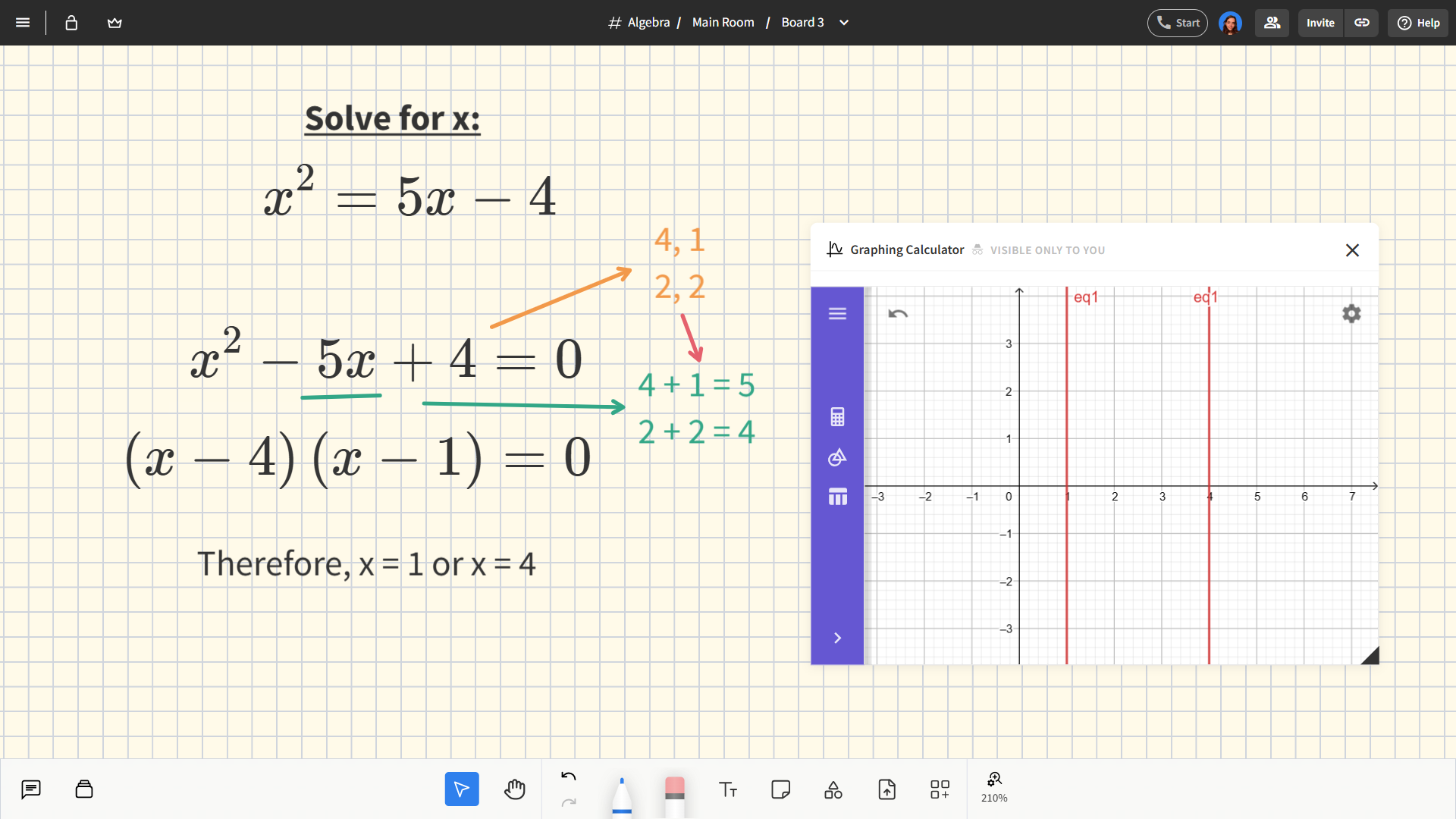 Pencil Spaces' built-in graphing calculator and equation editing tools, perfect for online math tutoring.