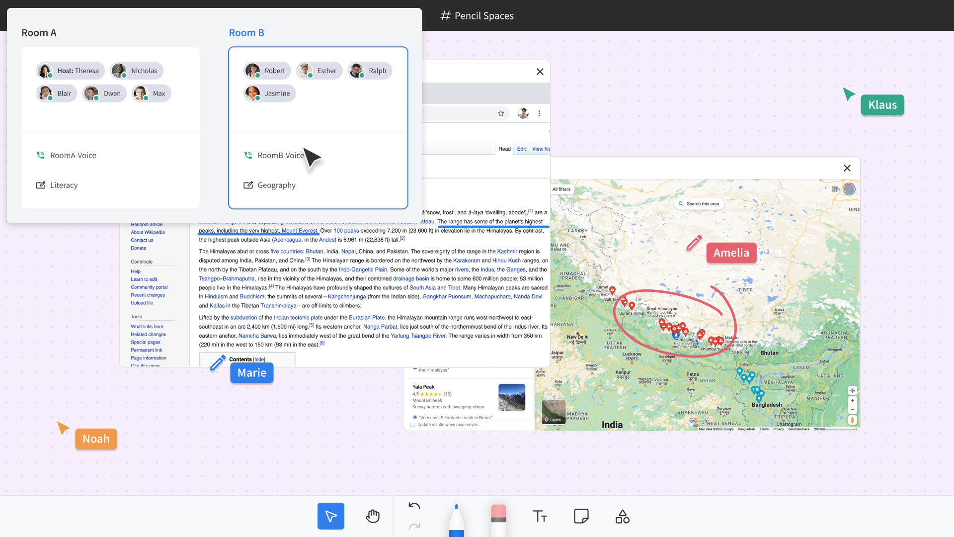Pencil Spaces supports unlimited virtual breakout rooms, useful for independent learning and group work in online tutoring.