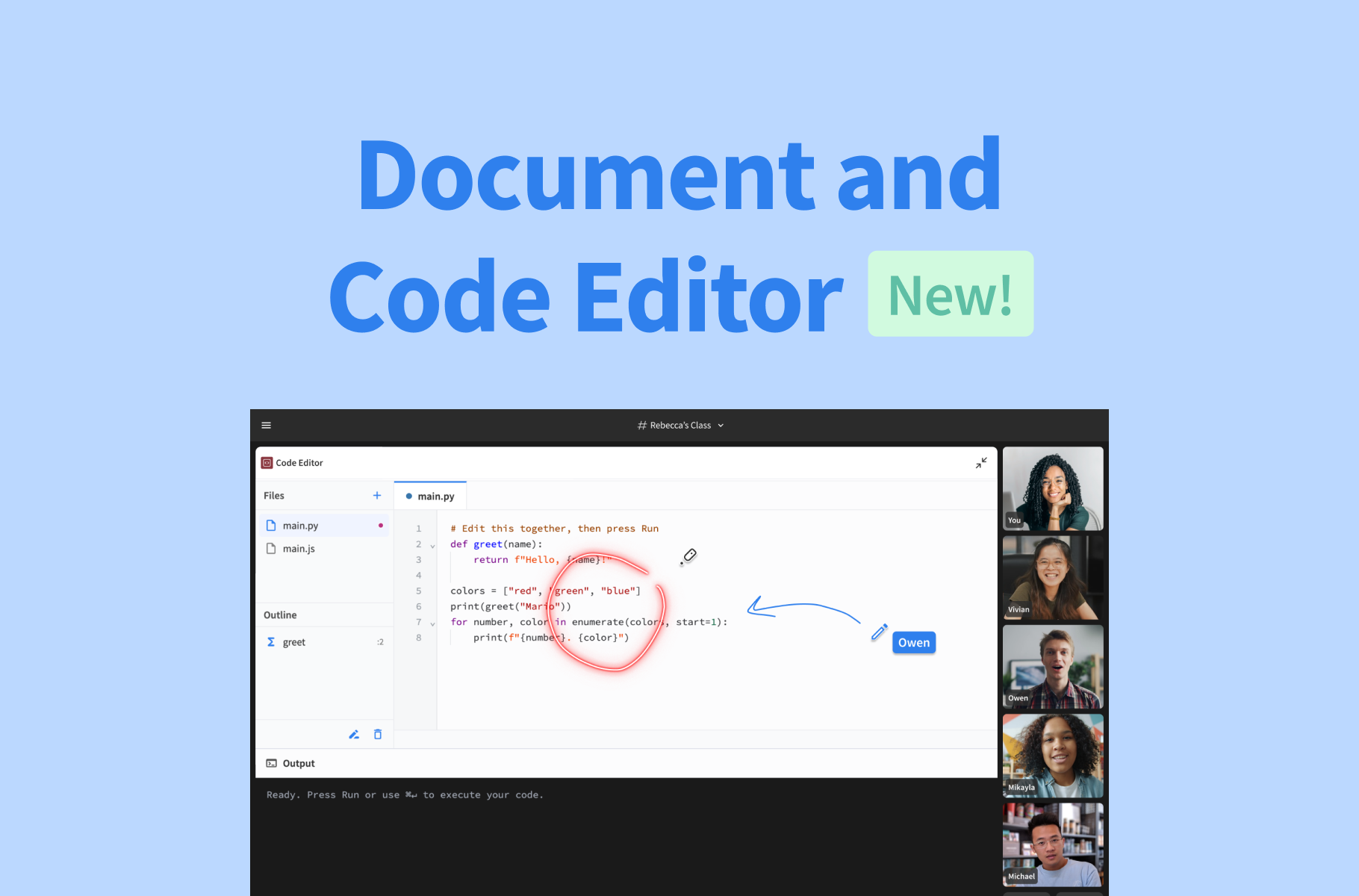 Tutor and students collaborate on a shared code editor together in Pencil Spaces.