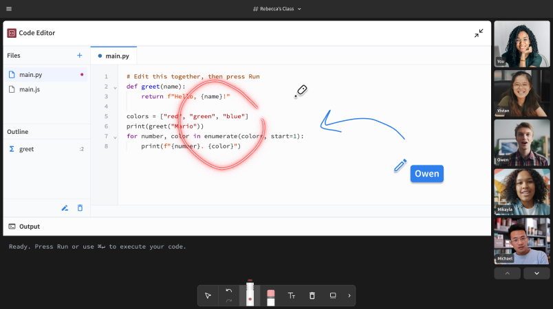 Tutor and student write and run code together in Pencil Spaces.