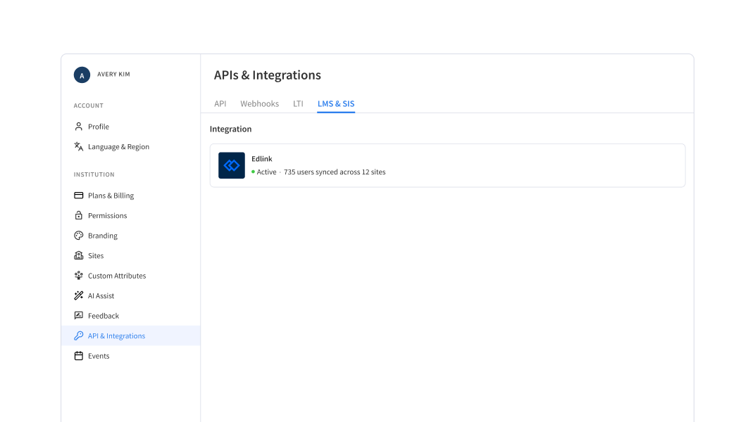 Pencil Spaces API and integrations page showing the Edlink connection for syncing user and roster information.