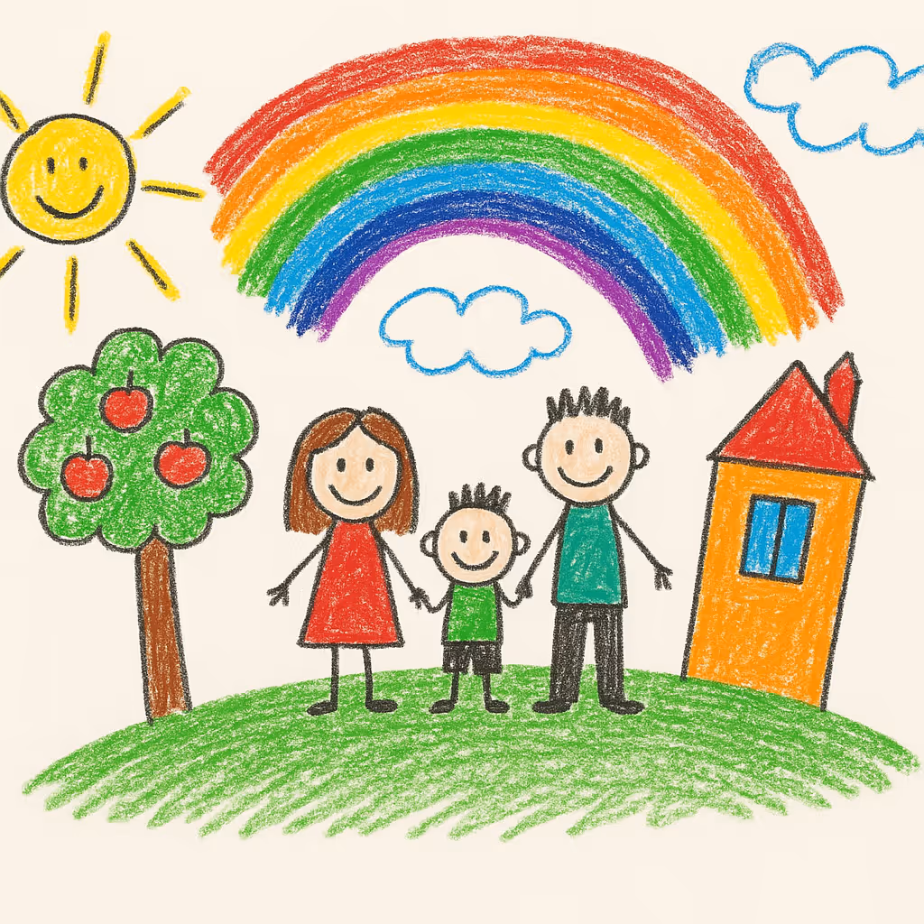 A colorful child's crayon drawing of a happy family under a rainbow.