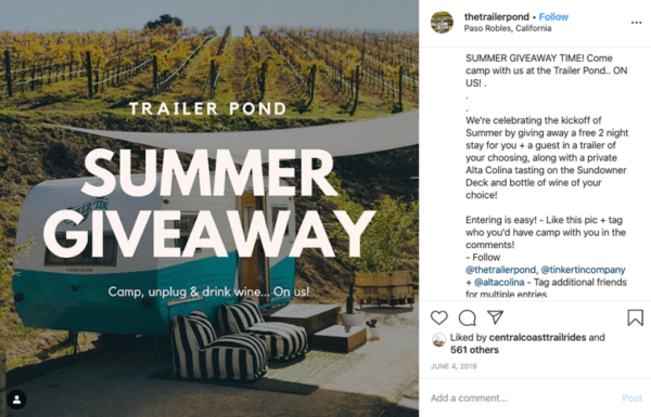 Thetrailerpond Instagram post about summer giveaway cozy trailer in the field