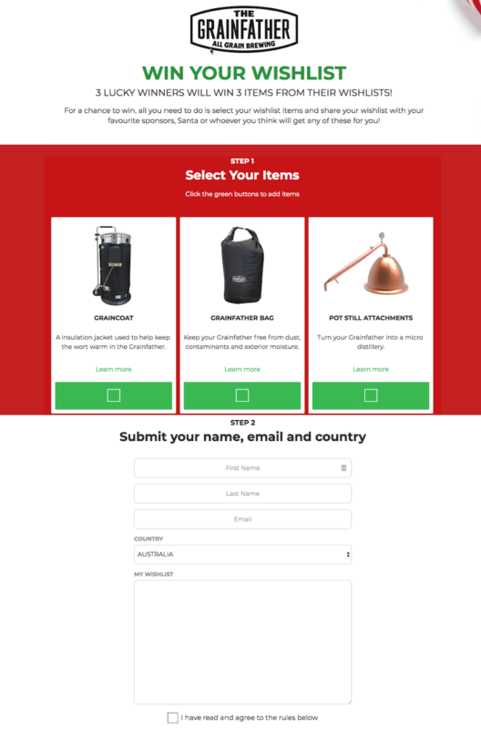The Grainfather Product preferences win your wishlist graincoat, bag and pot still attachments