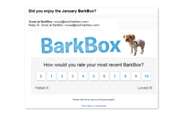 BarkBox automated email for customers reviews and recommendations