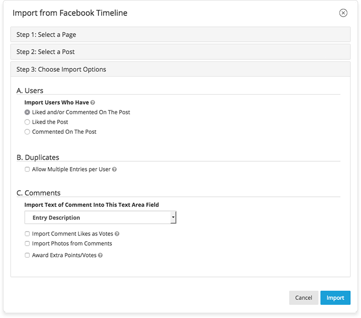 Import Likes and Comments directly from your Facebook posts with ShortStack