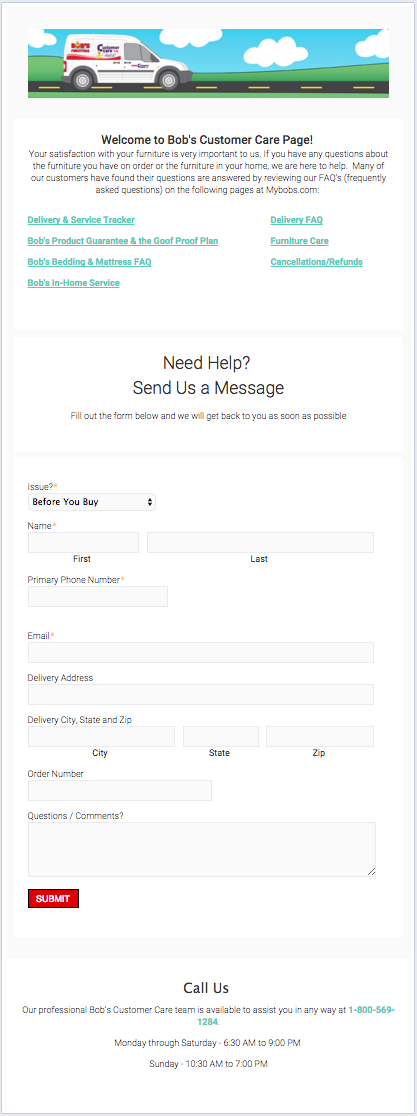 Bob's Furniture Customer Care Page