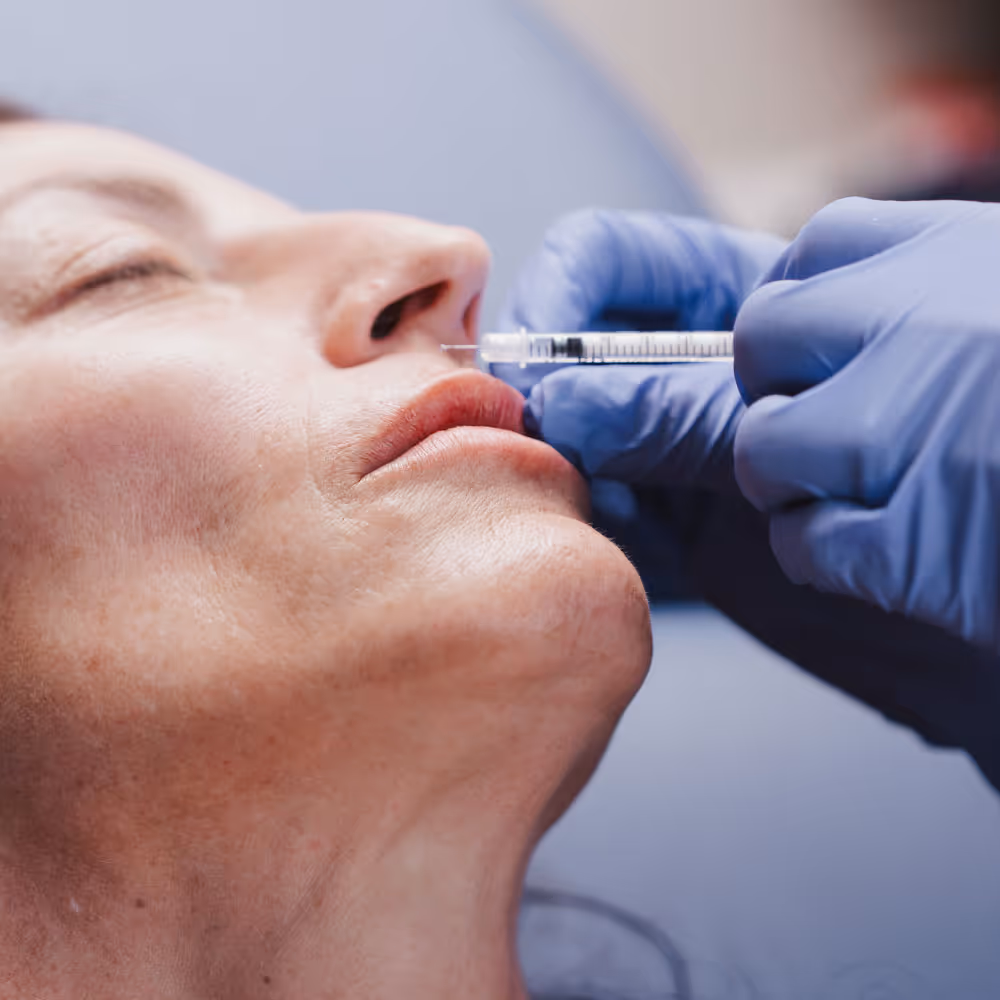 A woman is receiving an injection under her nose for a lip flip treatment at Laser Center of Marin