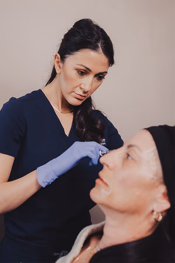 Patient receiving Sculptra in Corte Madera, CA, next to image of a woman smiling in the Bay Area