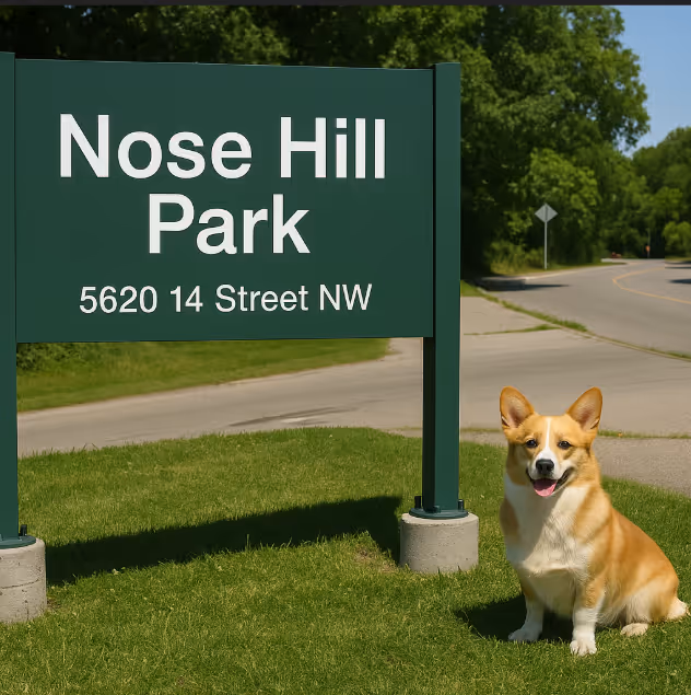 Nose Hill Park Sign with a Dog
