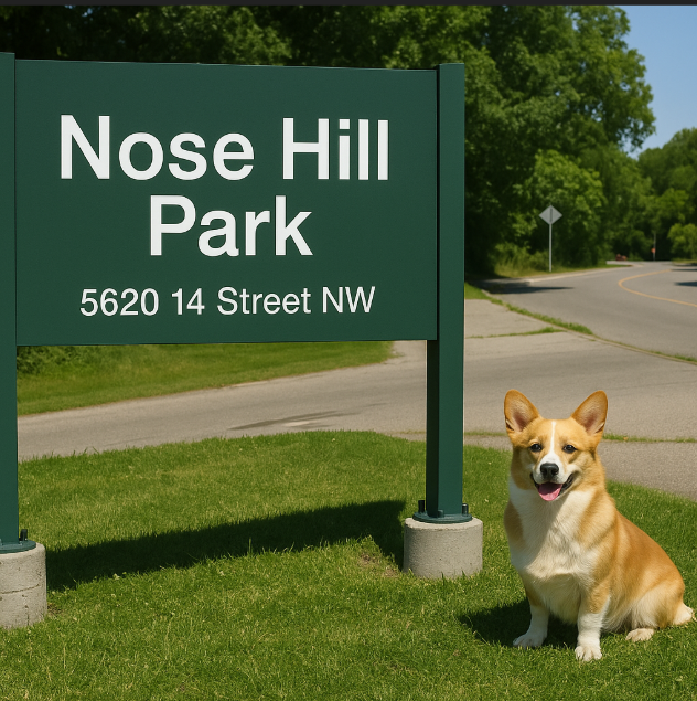 Nose Hill Park Sign with a Dog