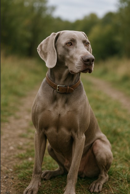 Weimaraner dog sitting on a grassy path with a silver-gray coat and alert expression.