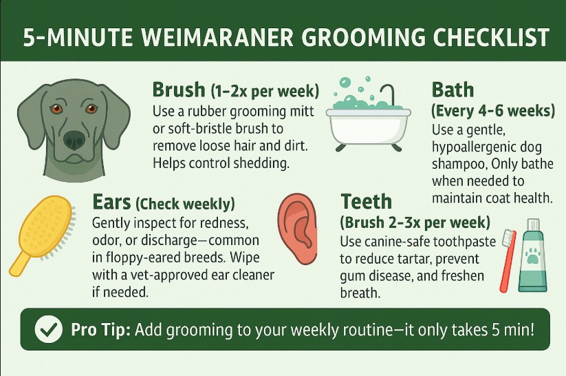 Infographic showing a Weimaraner grooming checklist with tips on brushing, bathing, ear care, nail trimming, and teeth cleaning for dog owners.