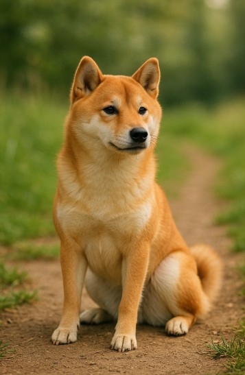 Shiba Inu dog with a reddish-orange coat sitting on a dirt path surrounded by green grass and trees.