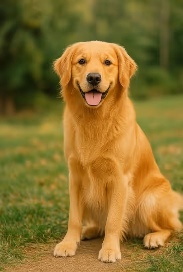 Golden Retriever dog with a golden coat sitting outdoors, looking directly at the camera with a happy expression and tongue out.