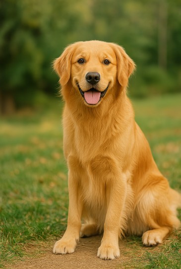 Golden Retriever dog with a golden coat sitting outdoors, looking directly at the camera with a happy expression and tongue out.