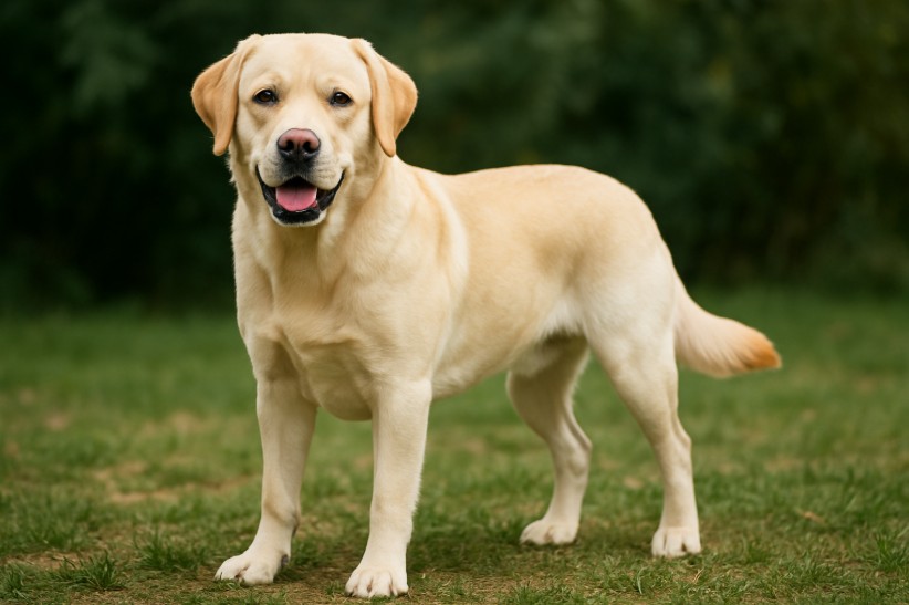 Labrador Retriever with a light yellow coat standing on a grassy field, facing the camera with a happy expression and relaxed posture.