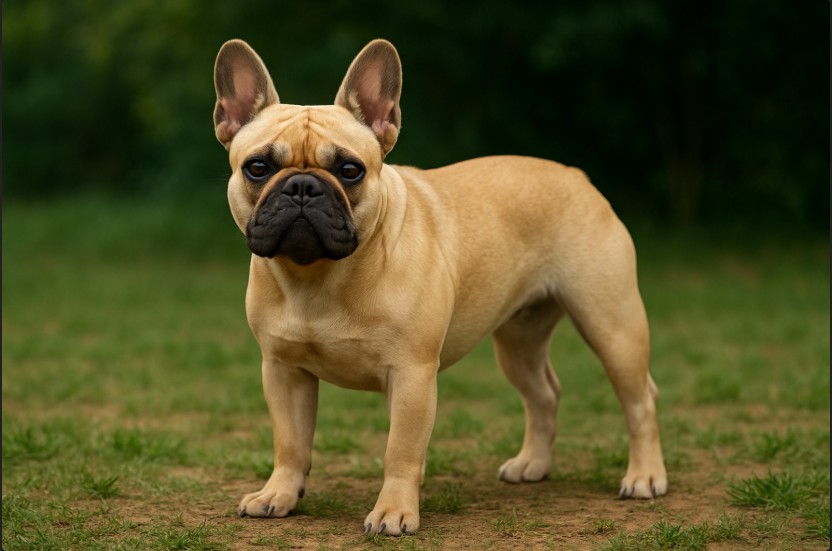 Fawn-colored French Bulldog standing on grass with a strong build, upright ears, and a focused expression in a natural outdoor setting.