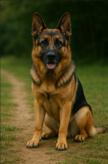 German Shepherd dog with a black and tan coat sitting on a dirt path surrounded by grass and trees, looking alert and calm.