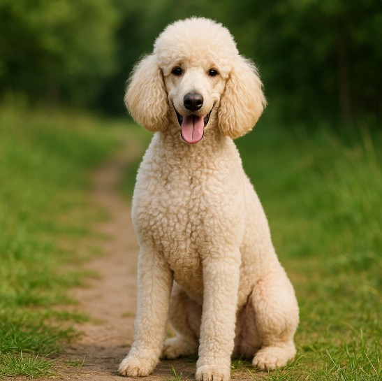 Standard Poodle with a cream-colored curly coat sitting on a dirt path surrounded by grass and trees, looking happy and well-groomed.