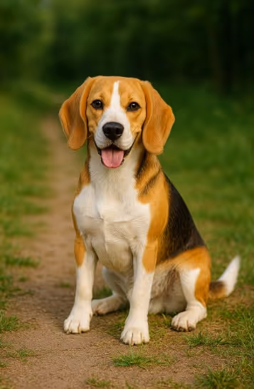 Beagle dog with a tricolor coat sitting on a dirt path surrounded by grass and trees, looking cheerful and alert.