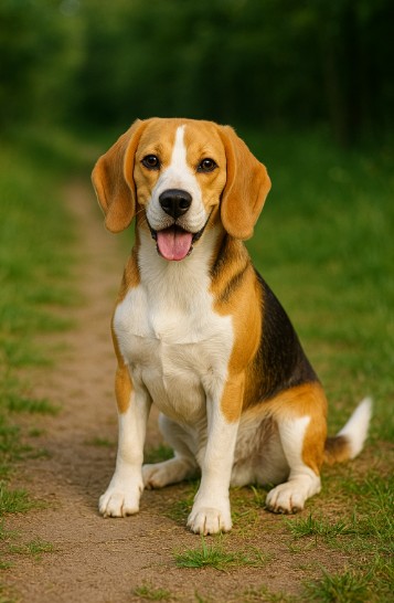 Beagle dog with a tricolor coat sitting on a dirt path surrounded by grass and trees, looking cheerful and alert.