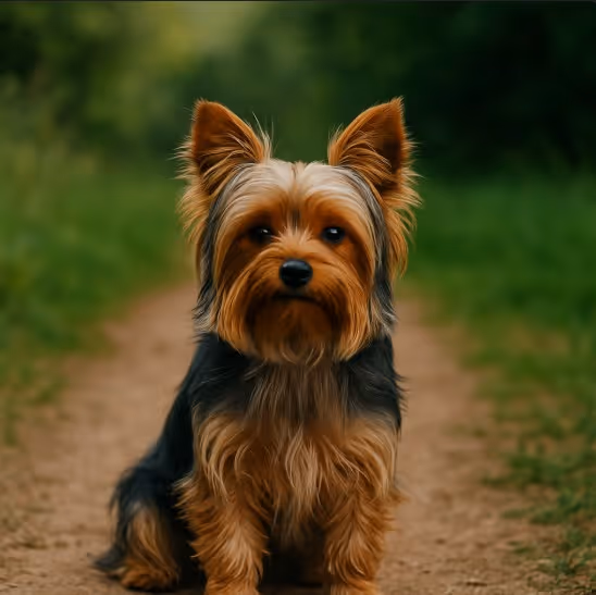 Yorkshire Terrier with a silky tan and blue coat sitting on a dirt path surrounded by green grass and trees, looking alert and calm.