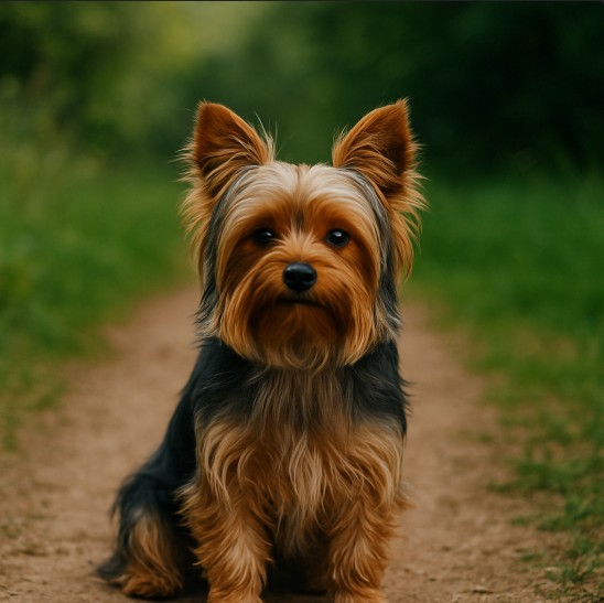 Yorkshire Terrier with a silky tan and blue coat sitting on a dirt path surrounded by green grass and trees, looking alert and calm.