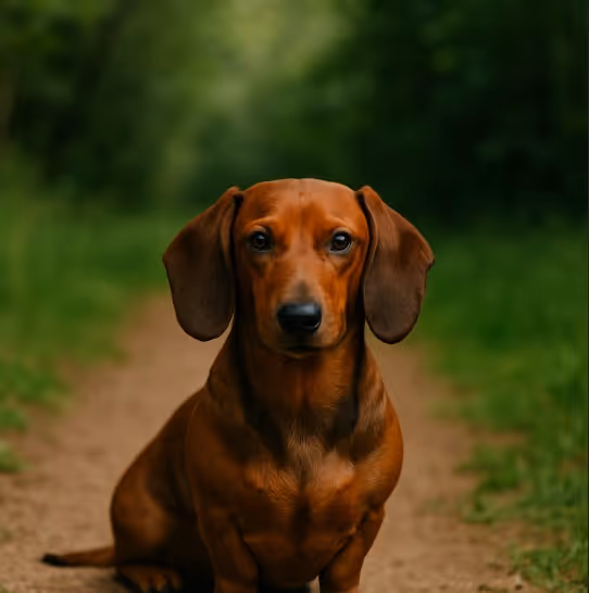 Dachshund with a smooth reddish-brown coat sitting on a dirt path in a forest setting, looking calm with floppy ears and alert eyes.