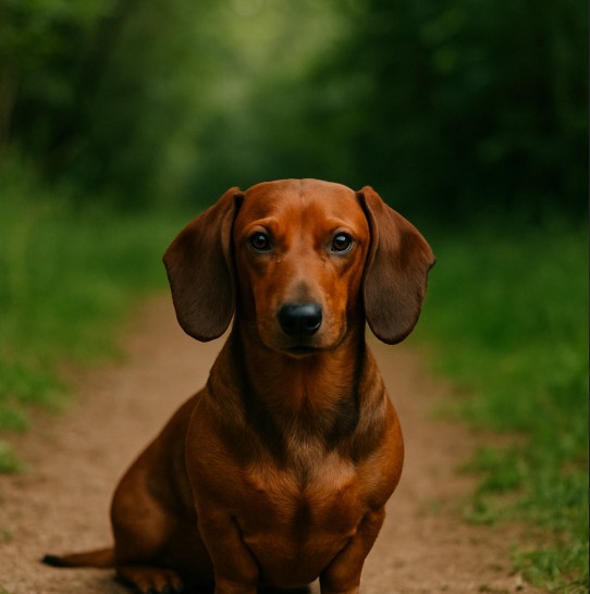 Dachshund with a smooth reddish-brown coat sitting on a dirt path in a forest setting, looking calm with floppy ears and alert eyes.