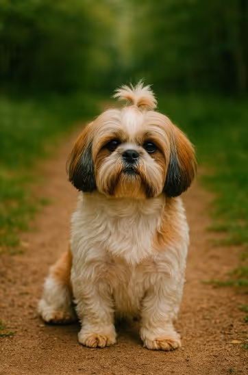 Shih Tzu with a long, fluffy coat and topknot sitting on a dirt path surrounded by greenery, looking calm and well-groomed.