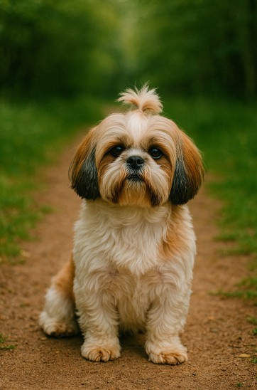 Shih Tzu with a long, fluffy coat and topknot sitting on a dirt path surrounded by greenery, looking calm and well-groomed.