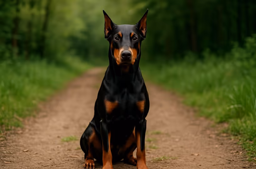 Doberman Pinscher with a sleek black and tan coat sitting alertly on a dirt path surrounded by green trees and foliage.