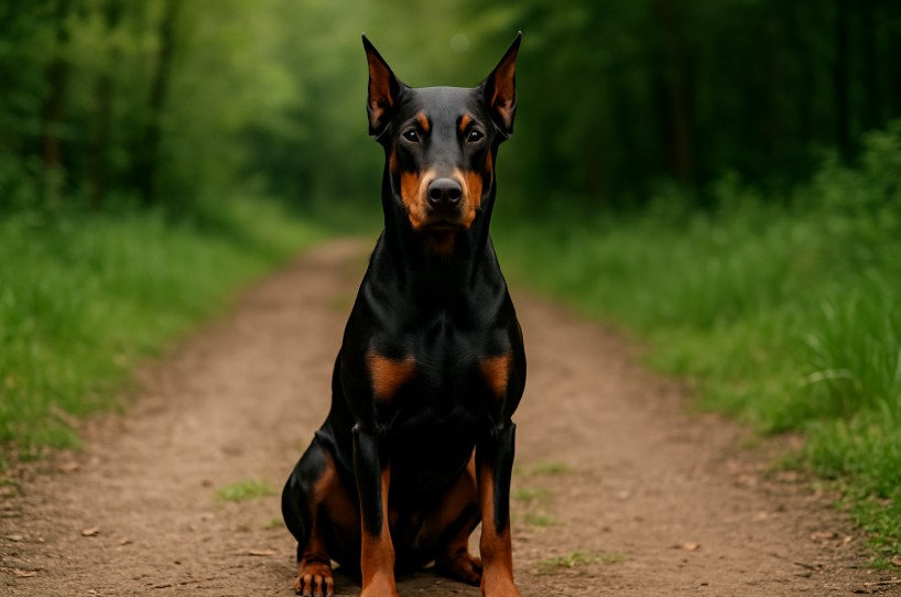 Doberman Pinscher with a sleek black and tan coat sitting alertly on a dirt path surrounded by green trees and foliage.