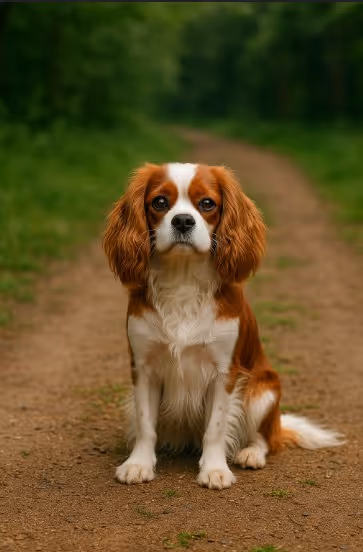 Cavalier King Charles Spaniel with a chestnut and white coat sitting on a dirt path surrounded by greenery, looking gentle and calm.
